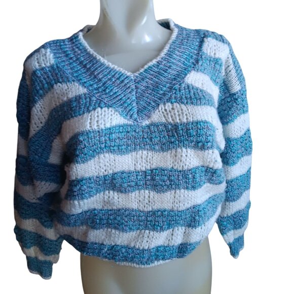 Women's Medium Vintage Oversize V-Neck Striped Valley girl Preppy Sweater 80s - Picture 1 of 7